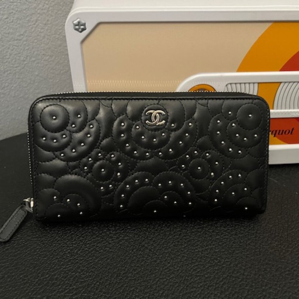 Giftable Chanel Camellia Collection Studded Lambskin Zip Around Wallet